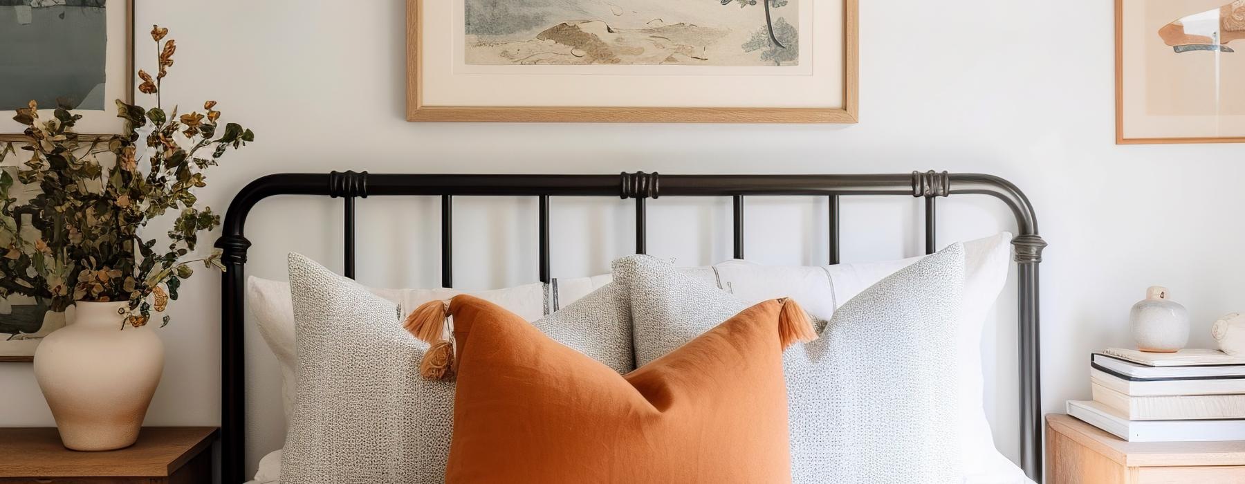 a bed with pillows and a picture on the wall