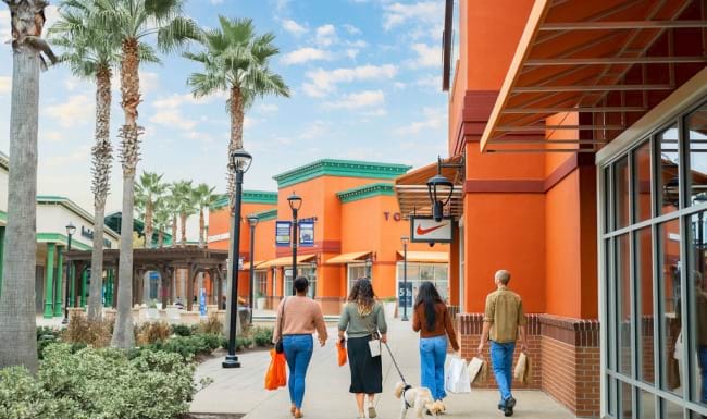 friends walking through outlet mall friends walking through outlet mall