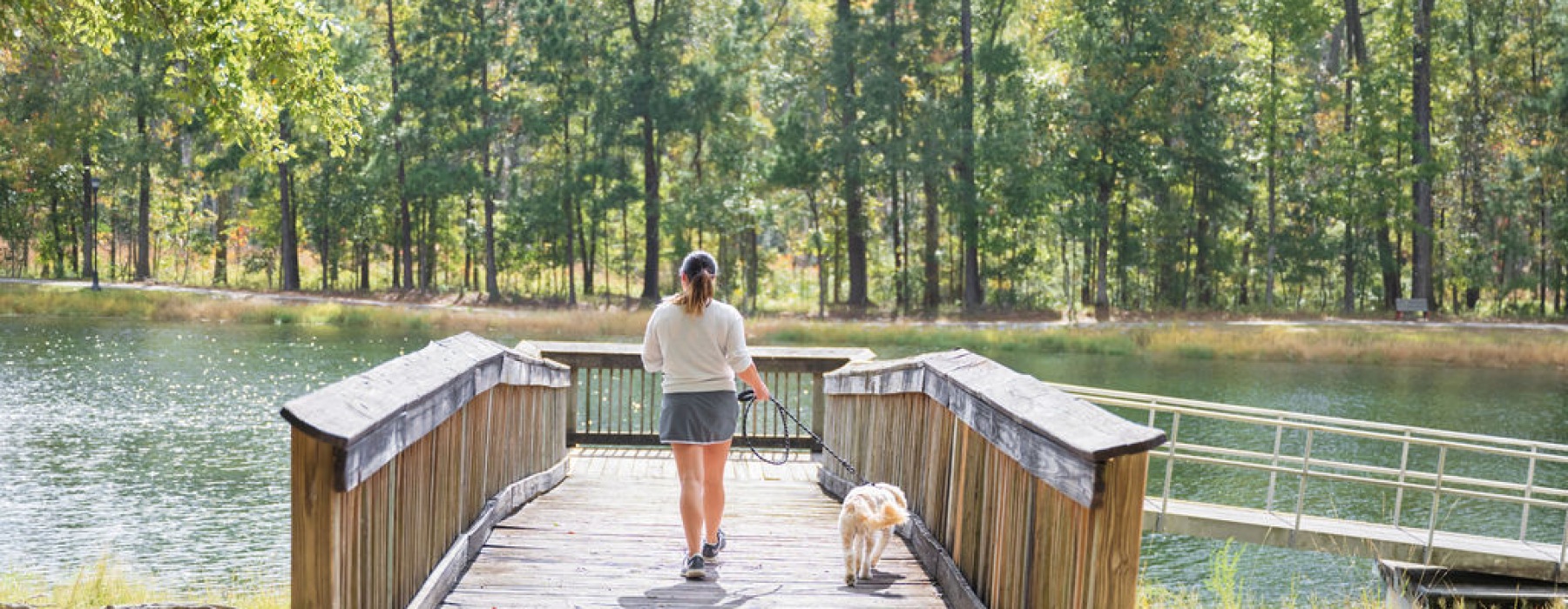 girl walking dog near lake