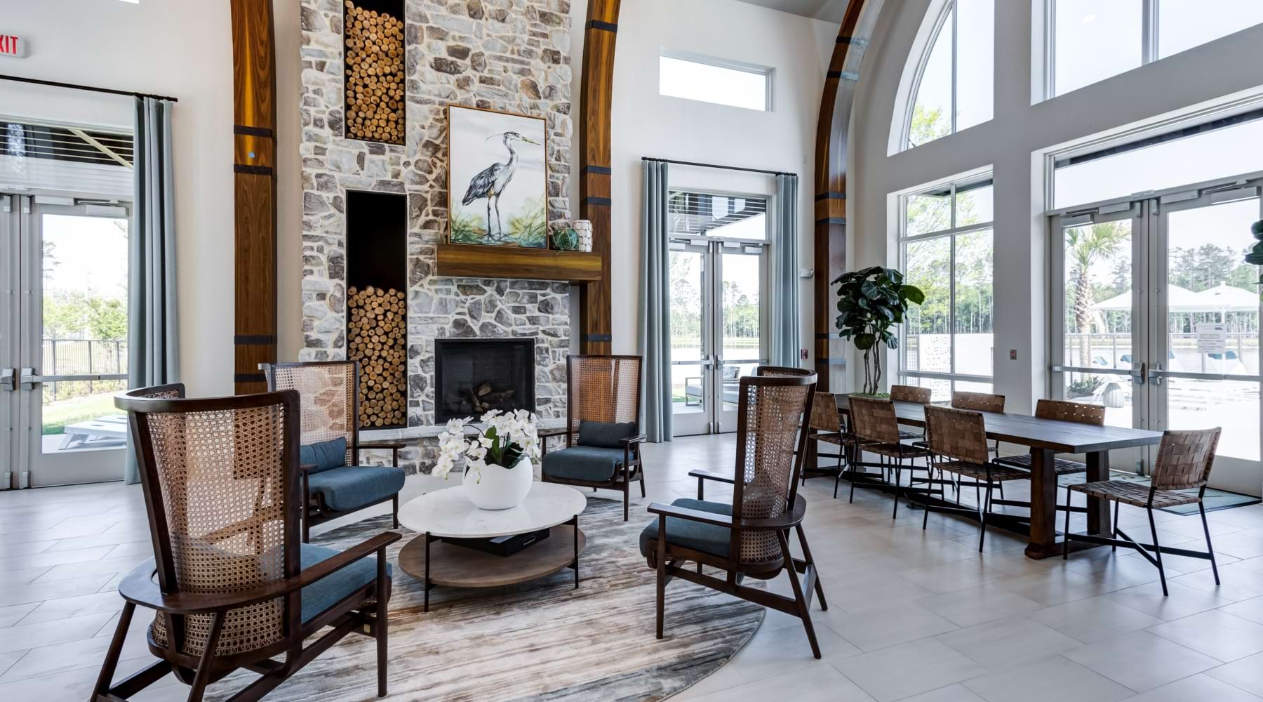 Clubroom Lounge area with log dock at Marion Lake apartments in Savannah