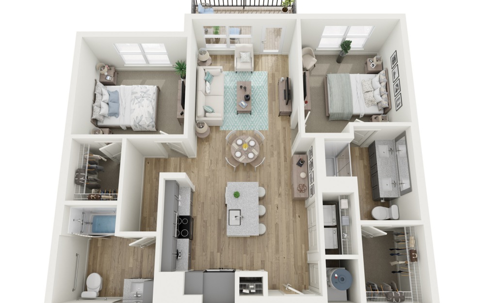 B1-A - 2 bedroom floorplan layout with 2 baths and 1083 square feet.