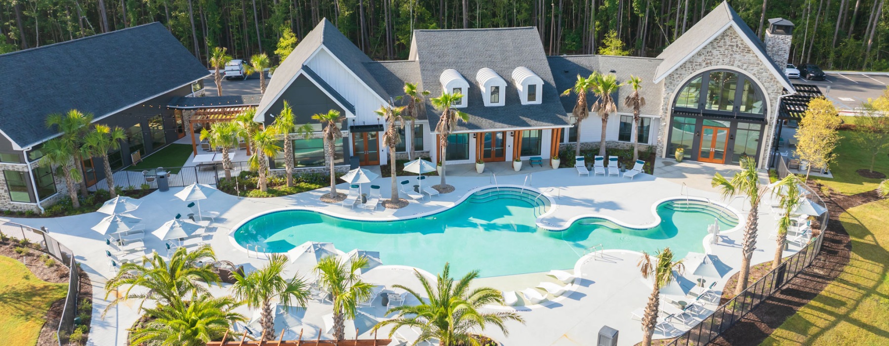 aerial view of clubhouse and pool