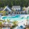a pool surrounded by palm trees and umbrellas